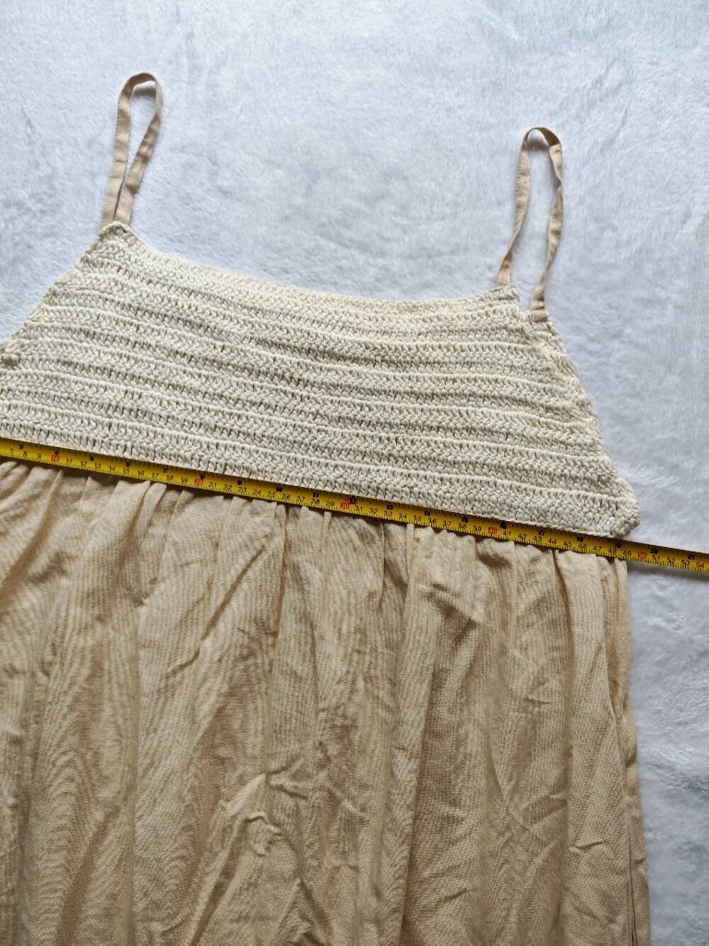 ZARA Beige Cotton Linen Midi Dress Size L Smocked Bodice Pockets Coastal Boho - Picture 7 of 13